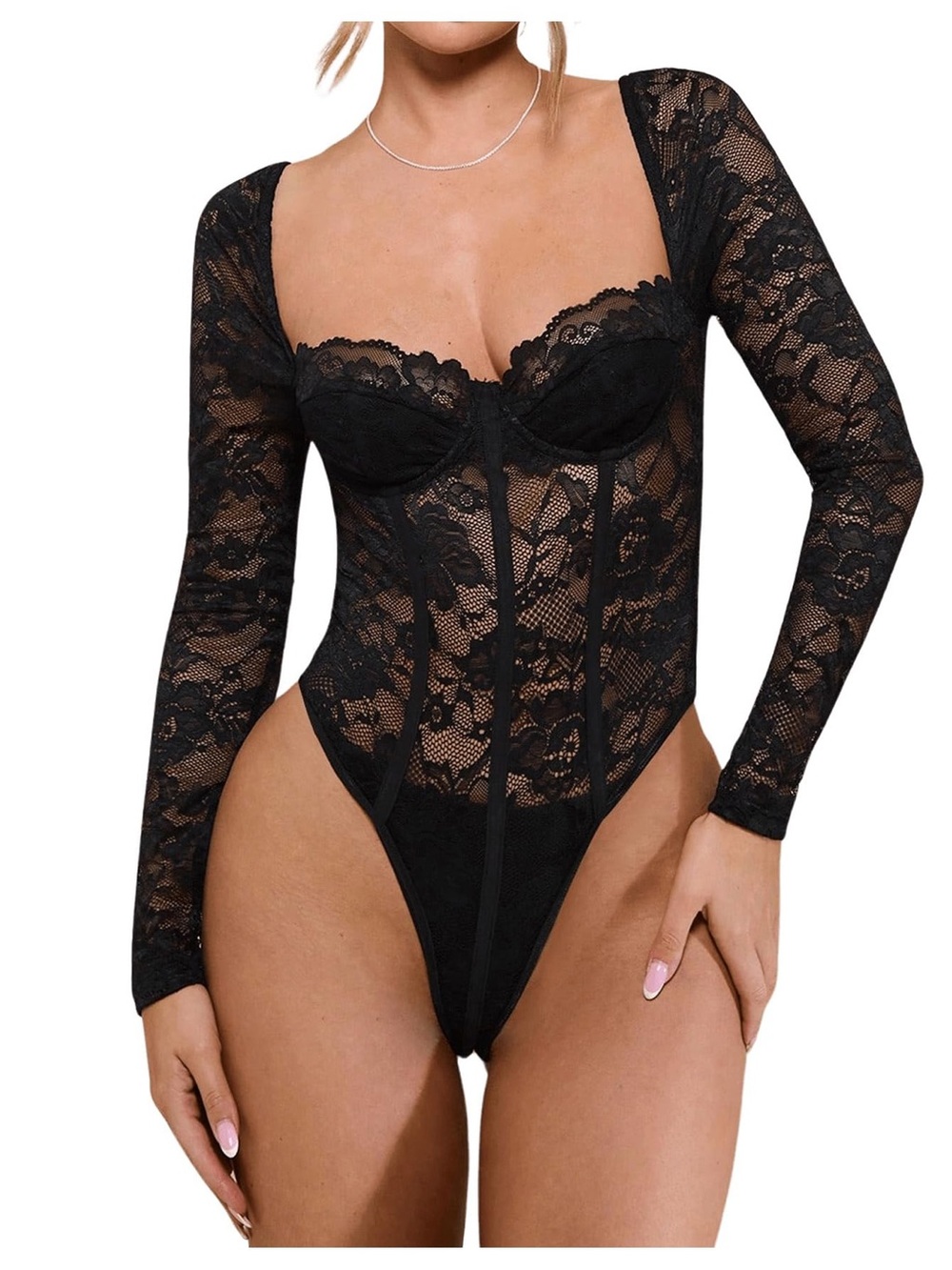 SweatyRocks Women's Trendy Sexy Long Sleeve Floral Lace Corset Bodysuits Black